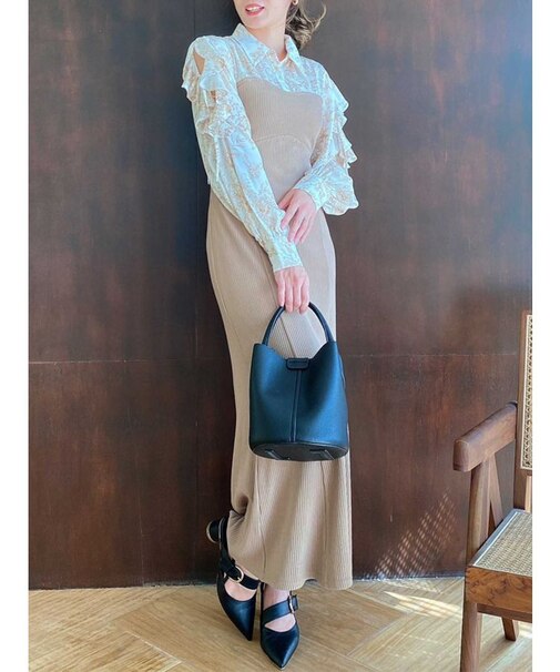 オープンフリルリブワンピース