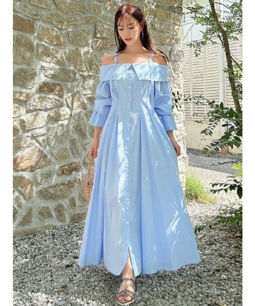 ウエストタックオフショルシャツワンピース