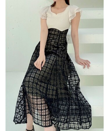 スパンコールチェックコルセットワンピース