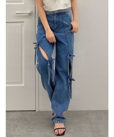 スリットリボンデニムパンツ