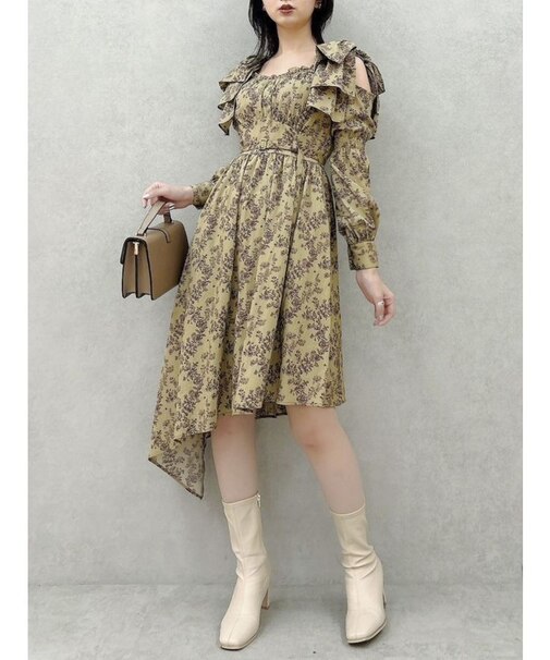 リボンショルダーアシンメトリーワンピース