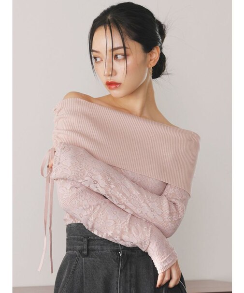 レースレイヤードリブニットトップス