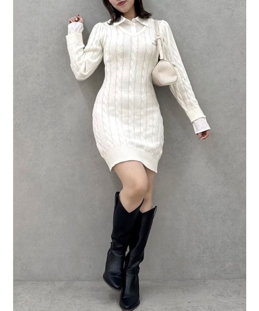 シャツレイヤードケーブルニットワンピース