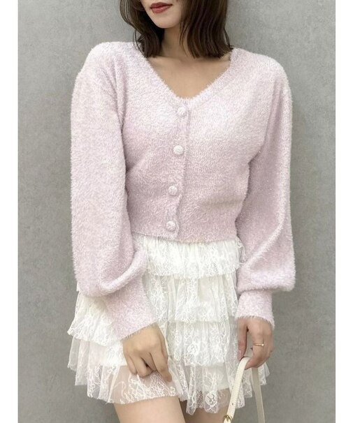 ミニシャギーラメニットカーデトップス