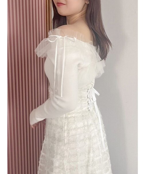 リボンチュールオフショルニットトップス