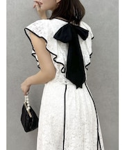 バックリボンパイピングレースドレス