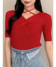 フロントツイストリボン5分袖ニットトップス