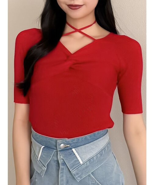 フロントツイストリボン5分袖ニットトップス