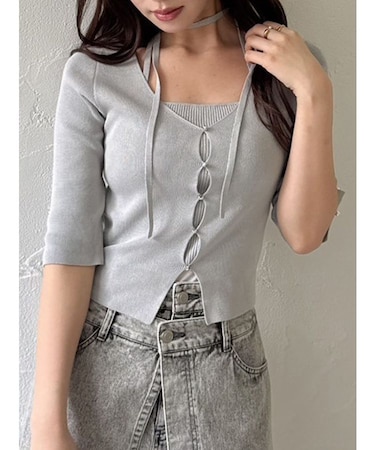 ハーフスリーブレイヤードカーデトップス