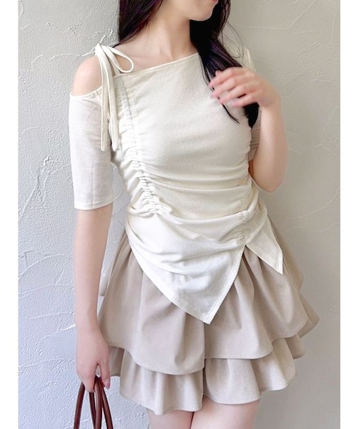 ワンショルギャザーカットトップス