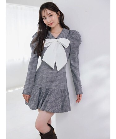 バルーンチェックミニワンピース