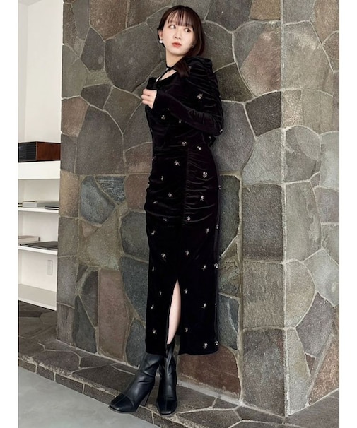 【セットアップ対応】フラワーシシュウベロアスカート