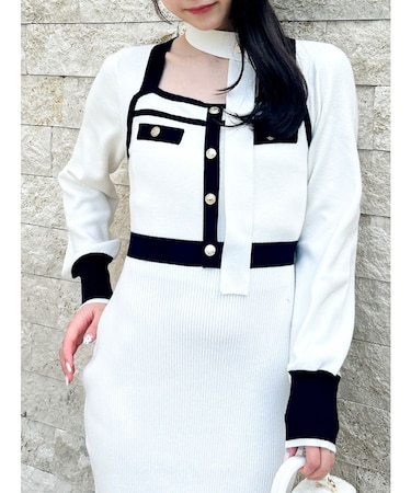 バイカラーニットワンピース