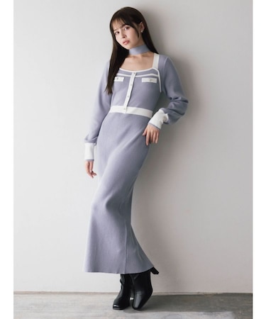 バイカラーニットワンピース