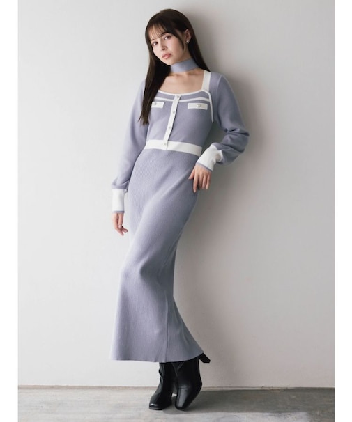 バイカラーニットワンピース