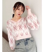 アーガイルオーバーニットトップス