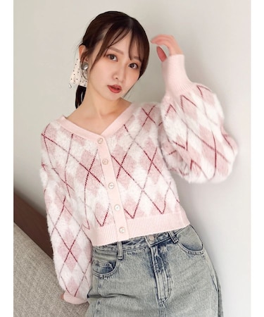 アーガイルオーバーニットトップス