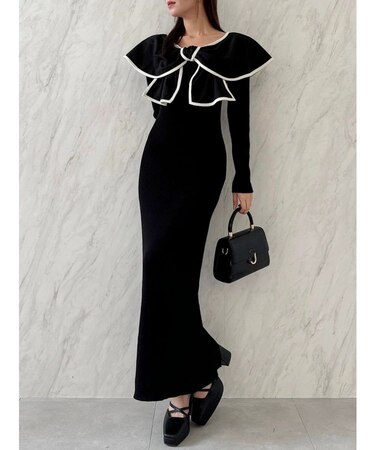 パイピングリボンニットワンピース