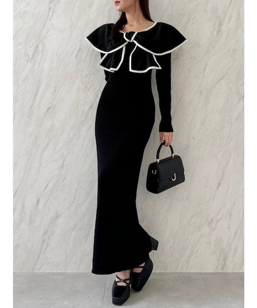 パイピングリボンニットワンピース