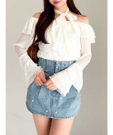 シアーティアードフリルオフショルブラウス
