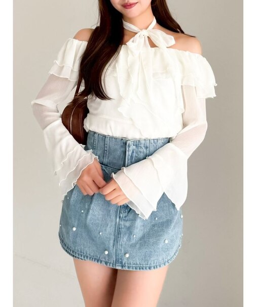 シアーティアードフリルオフショルブラウス