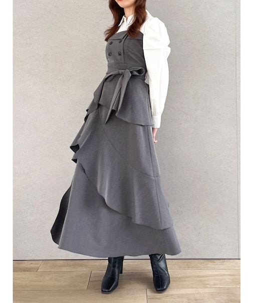 アシメフリルシャツレイヤードトレンチワンピース