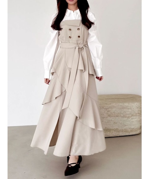 アシメフリルシャツレイヤードトレンチワンピース