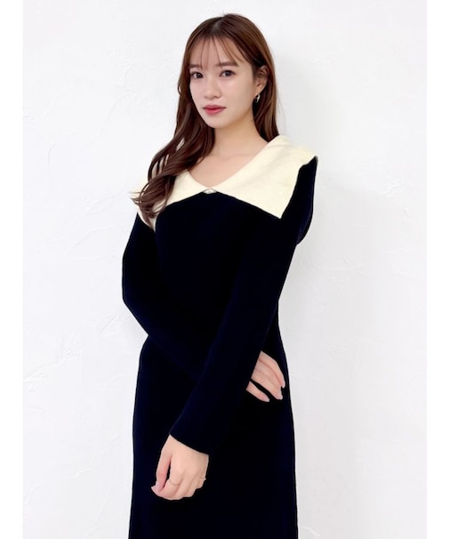 ビッグカラーニットワンピース