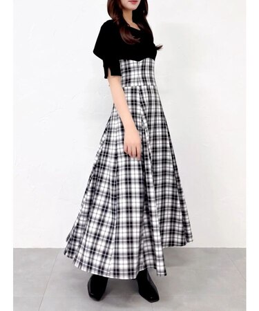 ビッグカラーチェックコルセットワンピース