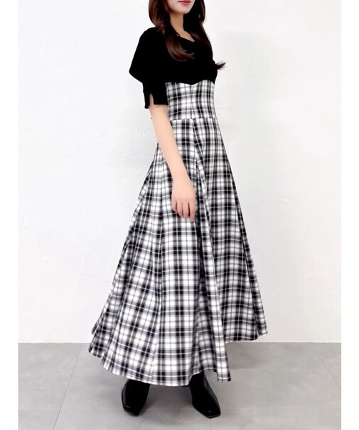 ビッグカラーチェックコルセットワンピース