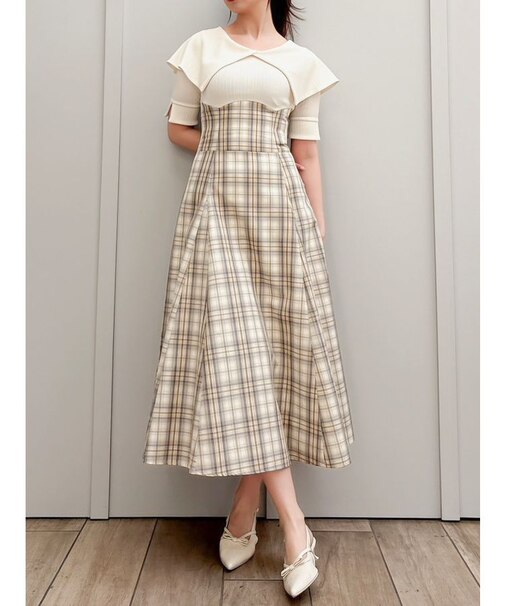 ビッグカラーチェックコルセットワンピース