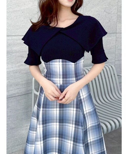 ビッグカラーチェックコルセットワンピース