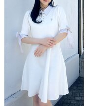 リボンスリーブニットミニワンピース