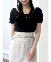 タイ付ギャザーカットトップス