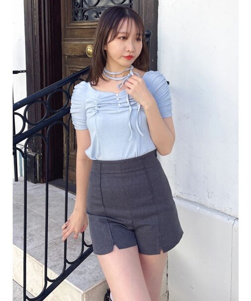 タイ付ギャザーカットトップス