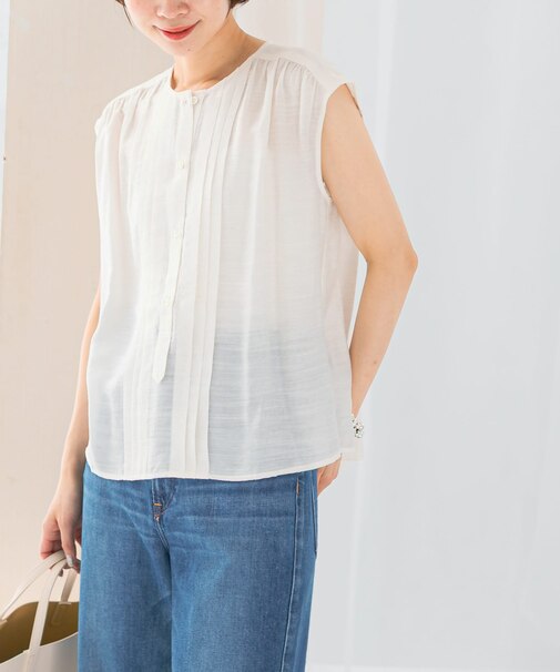 リネン混プリーツブラウス