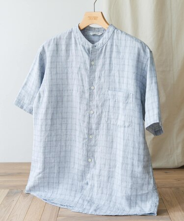 『XLサイズ/WEB限定』シルケットリネン バンドカラーショートスリーブシャツ