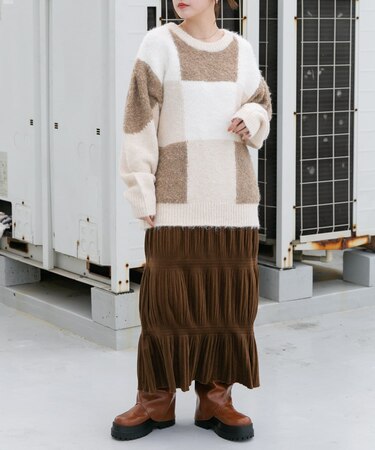 ブロックチェックニット