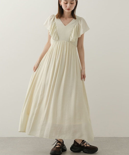 Vネックウエストマークフリルワンピース