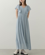 Vネックウエストマークフリルワンピース