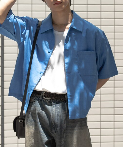 『イージーケア／セットアップ対応／ユニセックス』リネンライクボクシーシャツ(5分袖)
