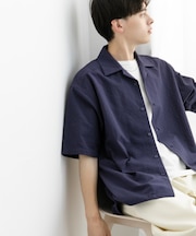 シアサッカーオープンカラーショートスリーブシャツ