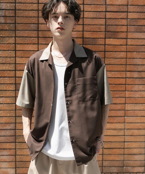 バイカラーオープンカラーショートスリーブシャツ