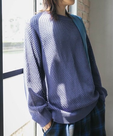 『洗濯可』シアーメッシュクルーネックニット