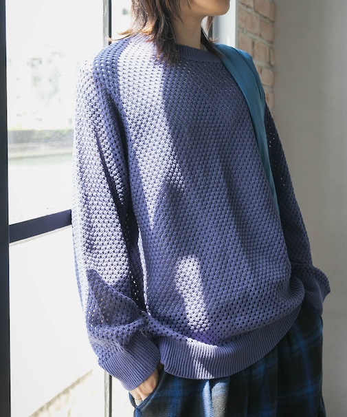 『洗濯可』シアーメッシュクルーネックニット