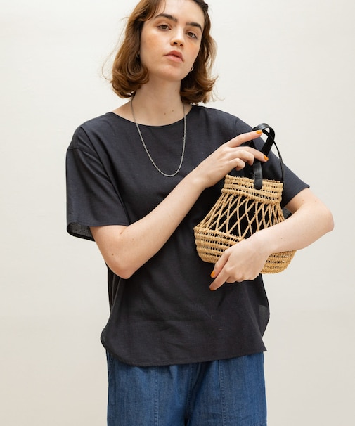 リネン混クルーネックブラウスTシャツ