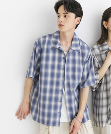 『ユニセックス』オンブレーチェックショートスリーブシャツ
