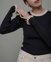 『洗濯可』袖口フリルクルーネックプルオーバー