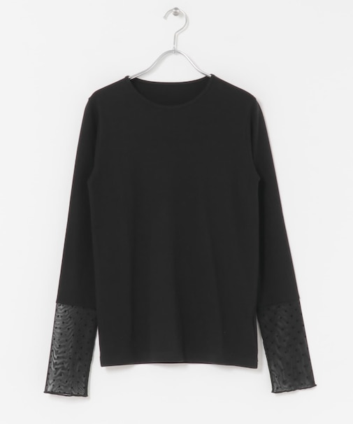 袖ドット柄切替ロングTシャツ