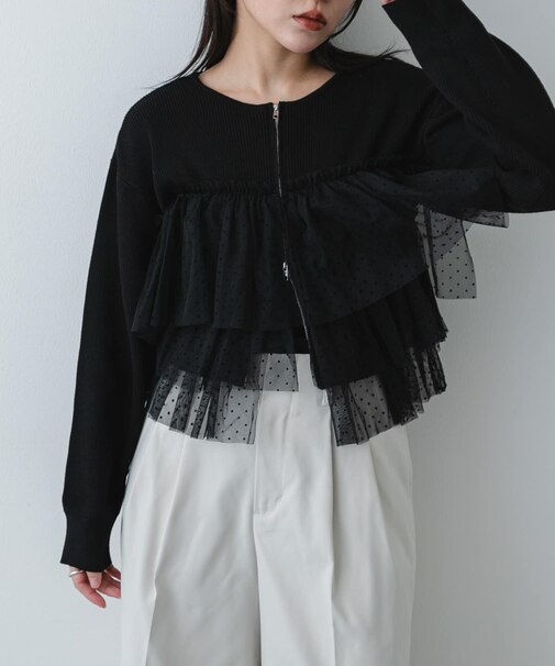 『洗濯可』ダブルジップフリルニットカーディガン